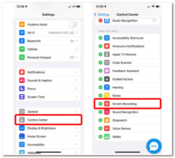 iOS Setting Control Center Screen Recording