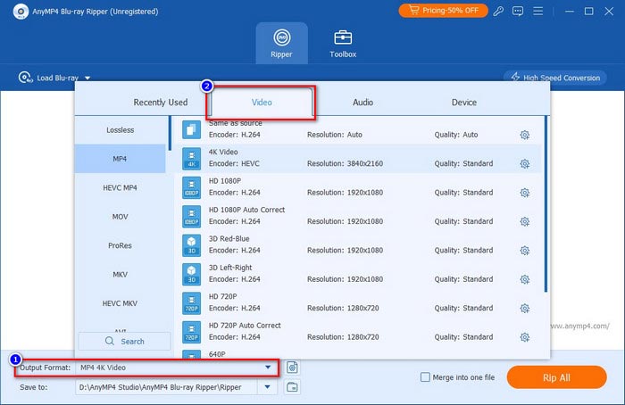 Blu-ray Ripper Output Format Selecting