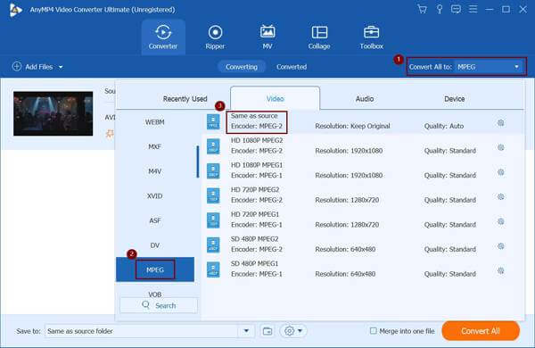 Choose the desired MPEG Format