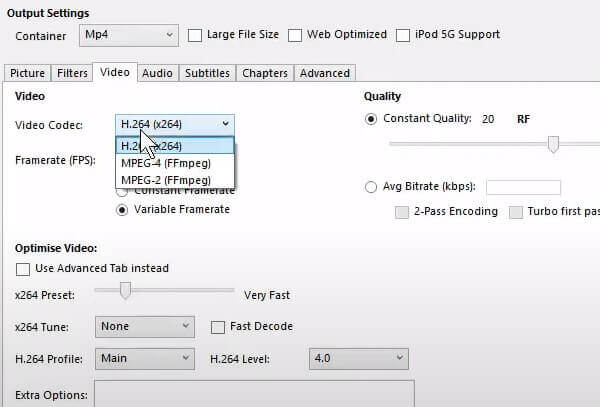 Select H264 as Video Codec