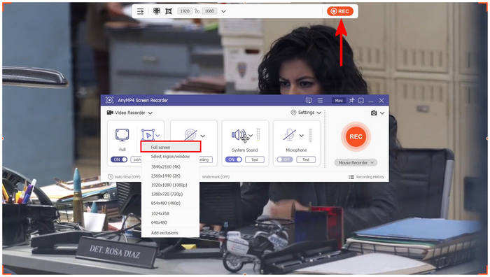 Anymp4 Screen Recorder Full Screen Rec Button