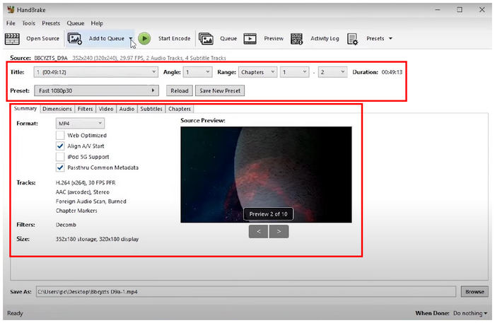 Handbrake Adjust Settings