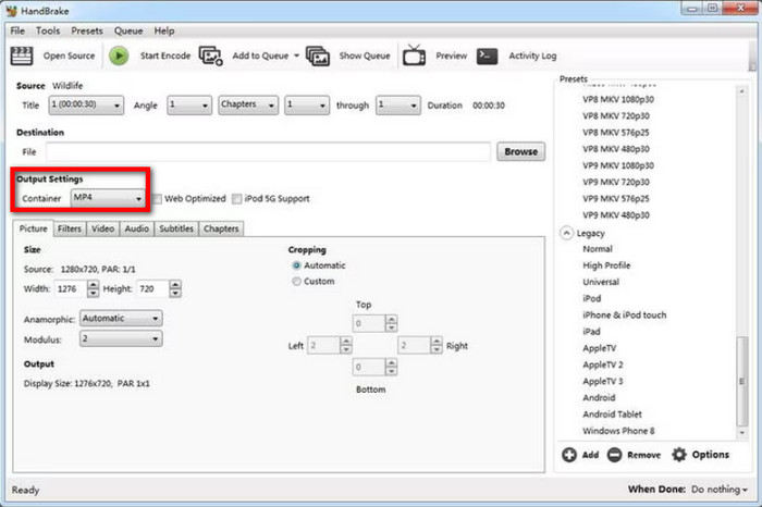 Handbrake Output Format Settings