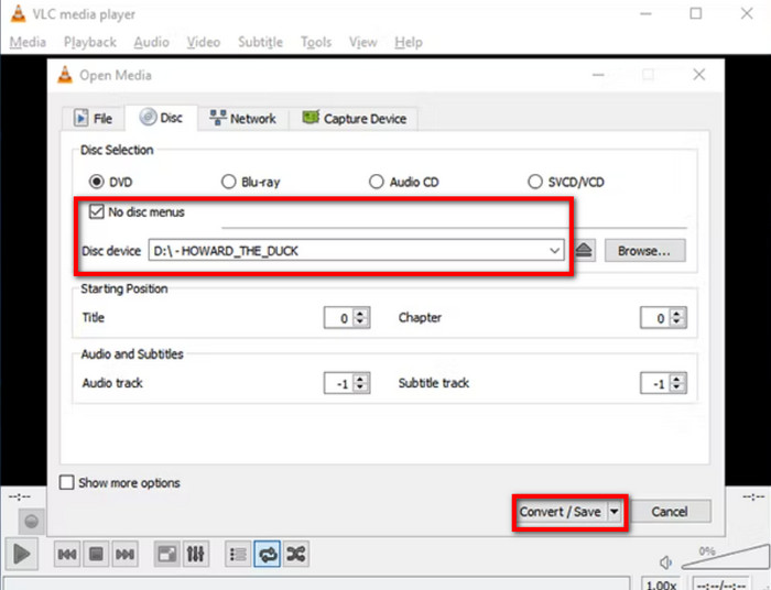 vlc Disc Device no Disc Menusstarting Position Convert Save