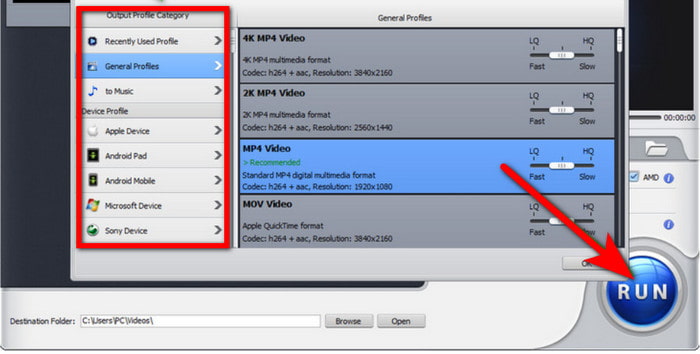 Winx Output Format Destination Run